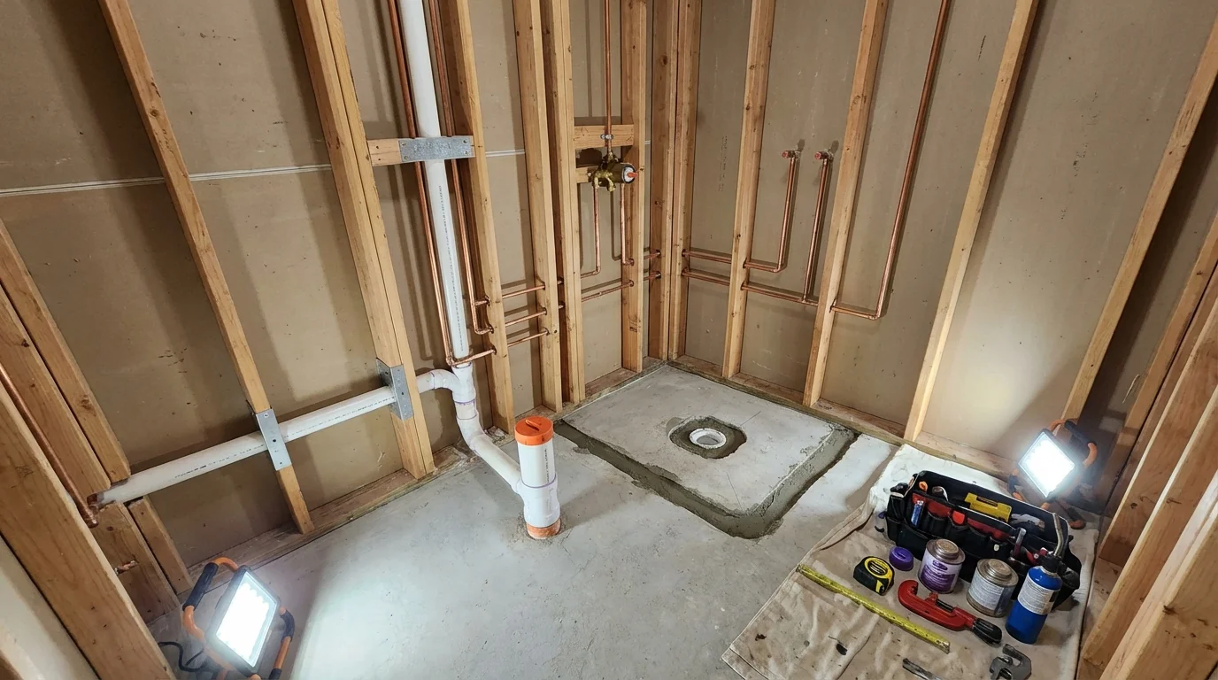 Bathroom rough-in plumbing during remodel by Johns Plumbing LLC in Hadley