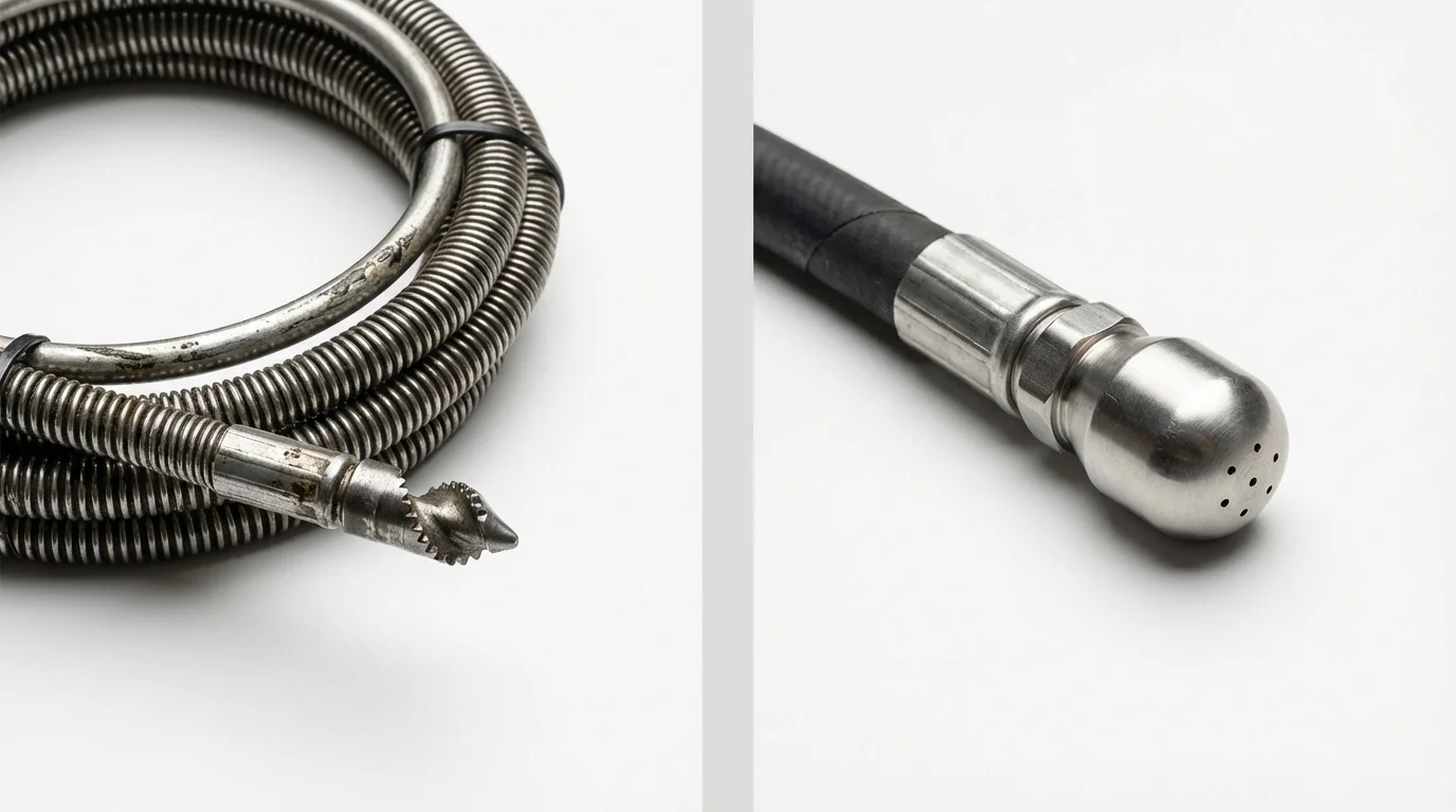 Drain snake cable and hydro jetting nozzle used for drain cleaning in Hadley, MA