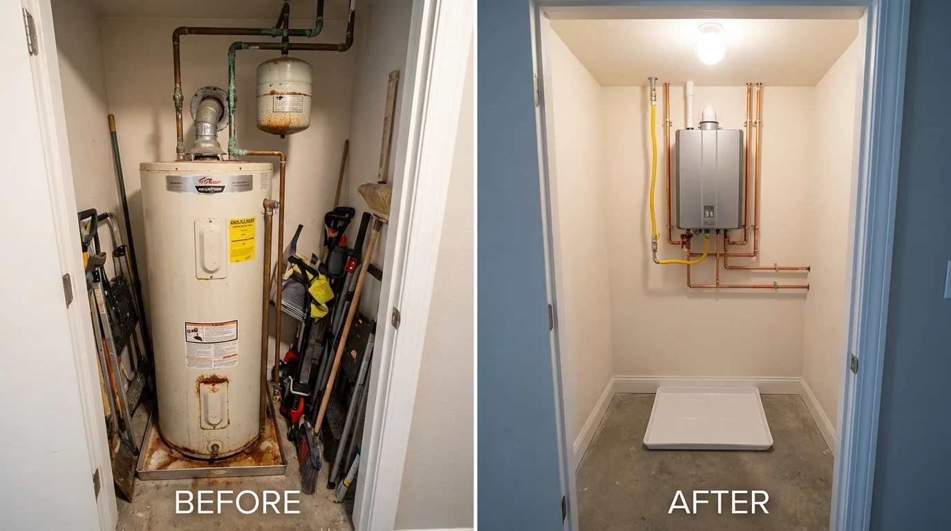 Tank water heater versus wall-mounted tankless unit comparison for Hadley, MA homeowners
