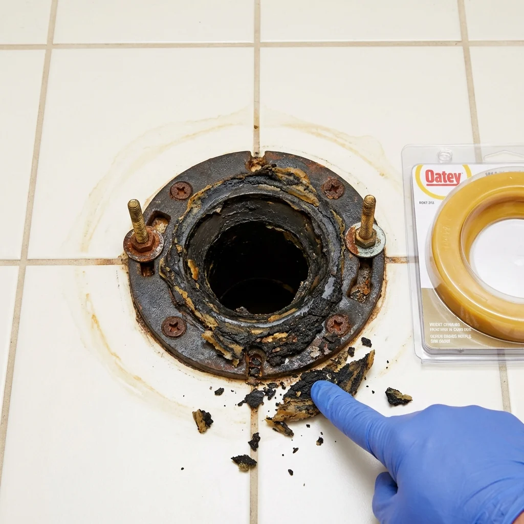 Failed wax ring showing water seepage at the base of a toilet in a Hadley, MA home