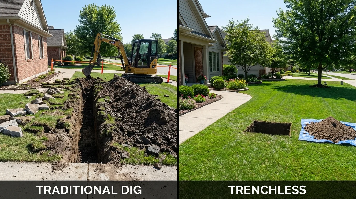 Trenchless sewer repair with minimal yard damage versus traditional excavation in Hadley, MA