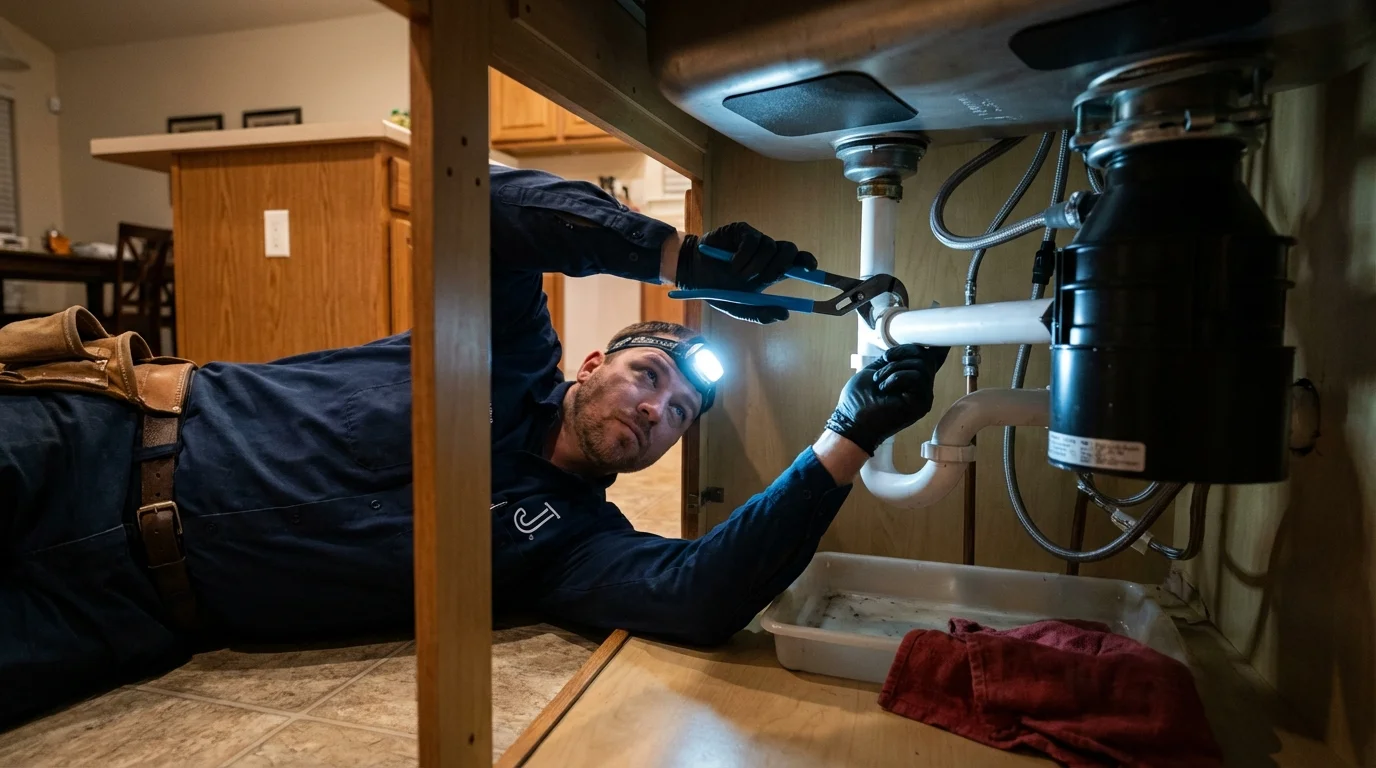 P-trap and supply line connections under a kitchen sink showing a common leak point in Hadley, MA